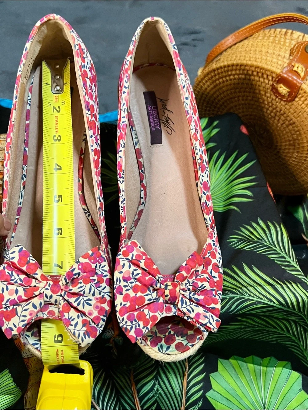 Vtg Liberty Art Fabrics Wms Floral Bow Wedge Peep Toe Cottagecore Espadrille 9
